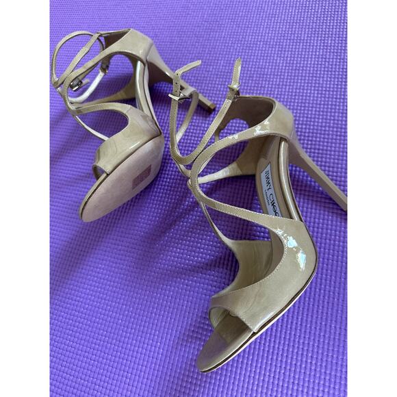 $850 Jimmy Choo Sandals Beige Patent leather Heels Size 37.5 NEW Made in Italy - Picture 8 of 14